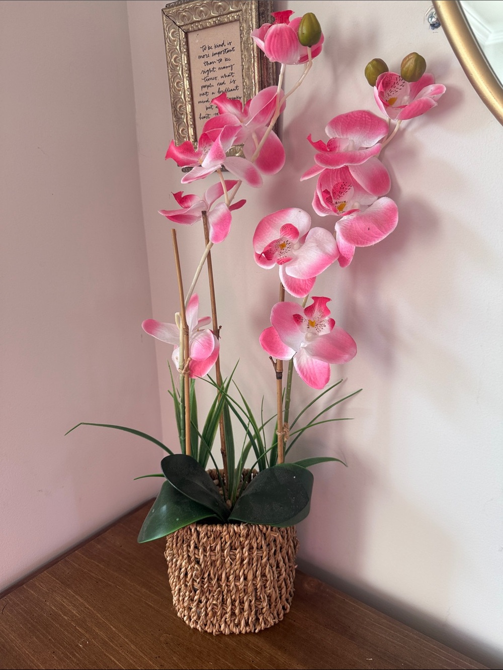 Pink Artificial Orchid Arrangement in Woven Pot - Home Accents